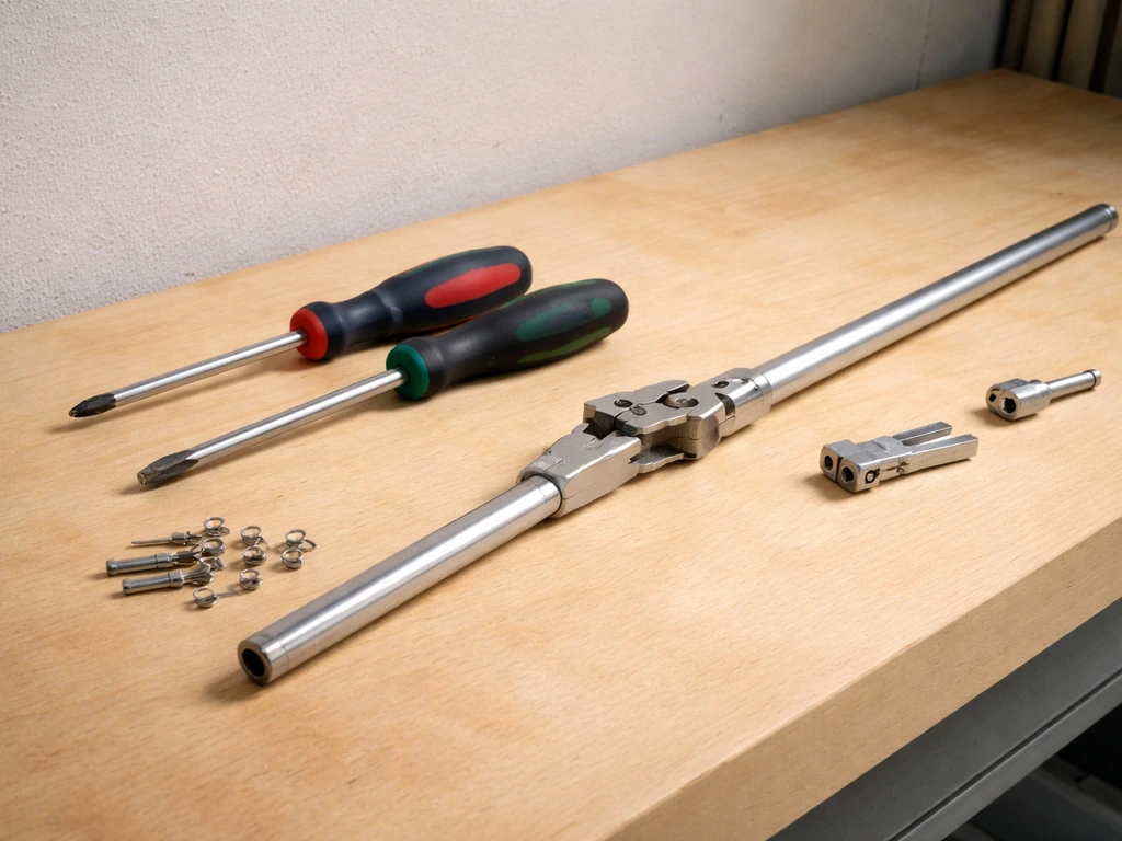 Repair tools and replacement patio umbrella arm parts laid out on a bench