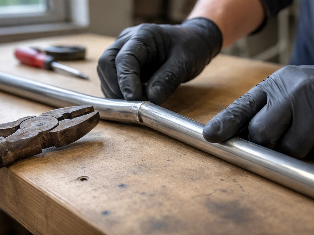 Close-up of a bent metal rib/pole section being examined and gently straightened with pliers