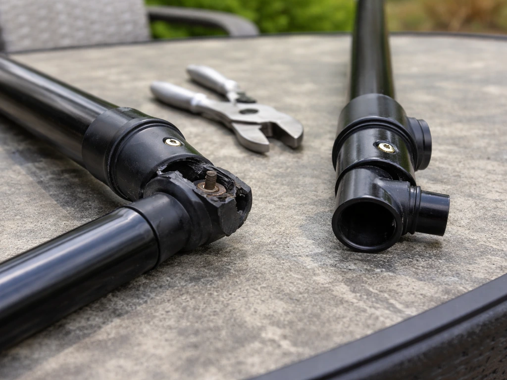 Hand tools on patio table with a removed umbrella pole beside a replacement pole at the tilt joint base.