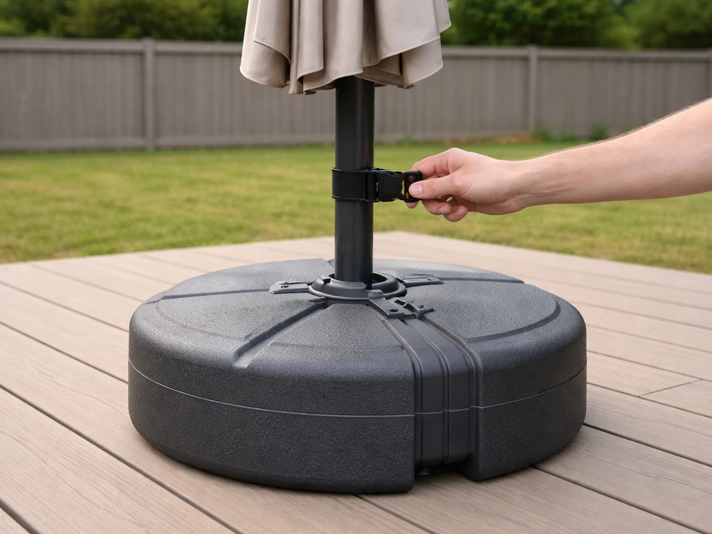 Patio umbrella pole anchored in a fillable stand without a base, stabilized in place safely outdoors.