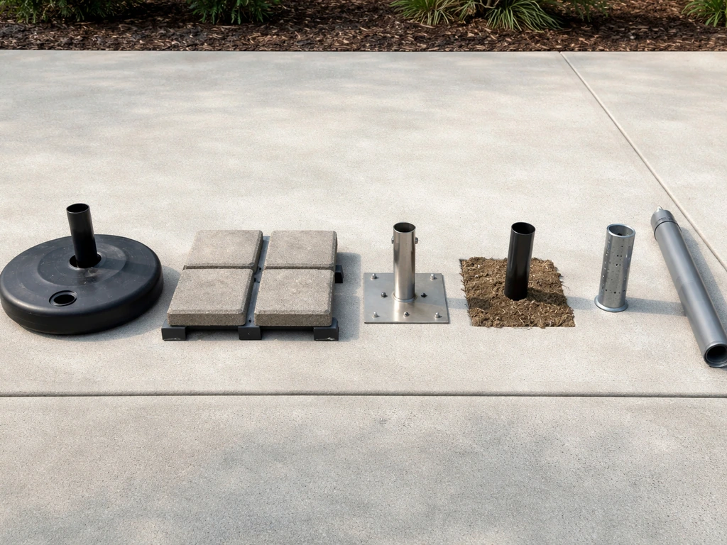 Five base-free patio umbrella anchoring options laid out side-by-side on a driveway—no text, just materials and tools.