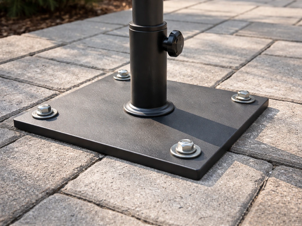 Close-up of an anchored umbrella pole base on a concrete or paver patio, secured and level