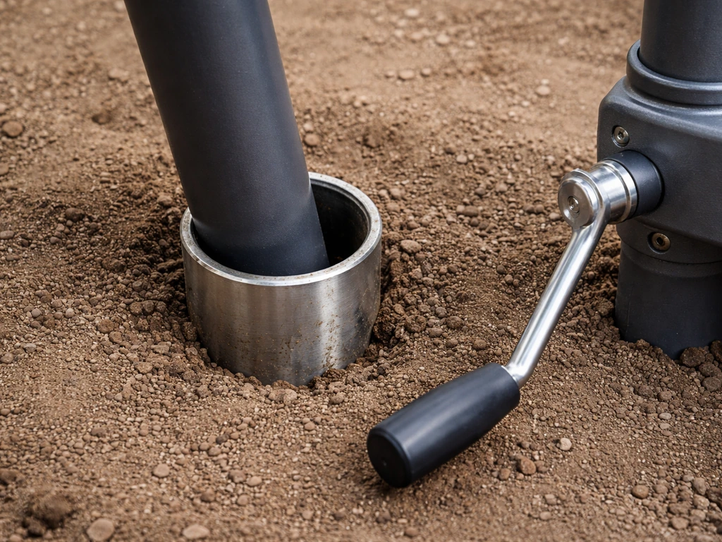 Umbrella base with steel sleeve in soil and an operating crank strained from misaligned umbrella pole