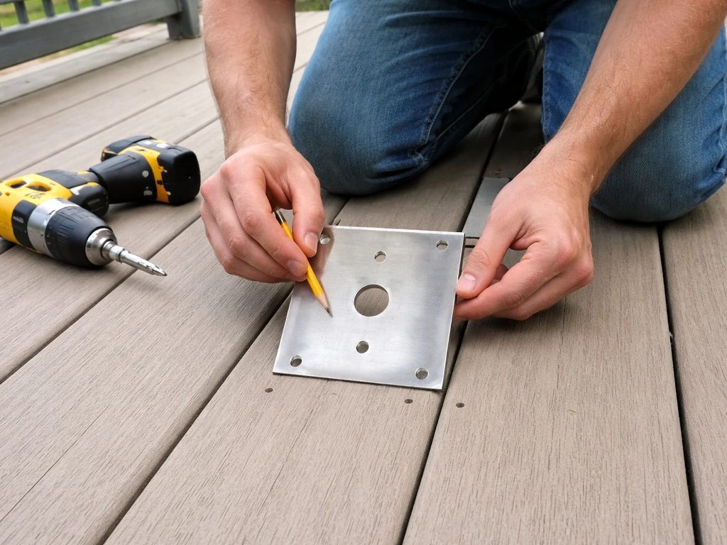 Anonymous hands align a surface-mount spigot plate template on a deck before drilling holes.