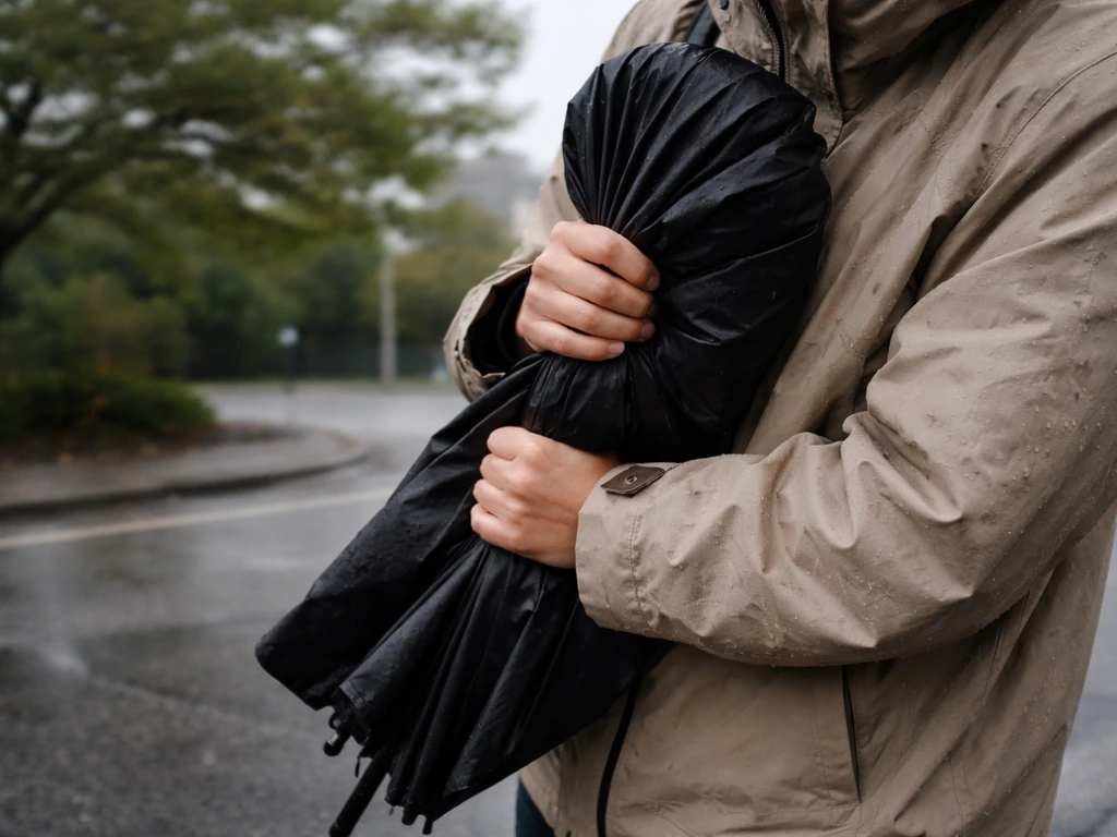 Hands closing a folded umbrella in gusty outdoor wind, held safely to prevent tipping.