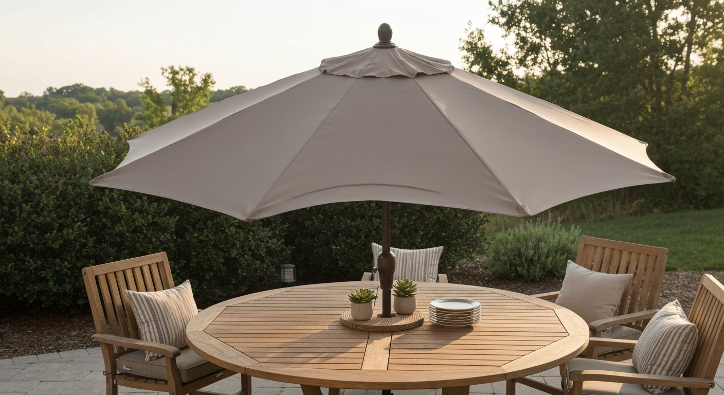 Styled patio dining table with an open umbrella, visible weighted base, and decorative centerpiece.
