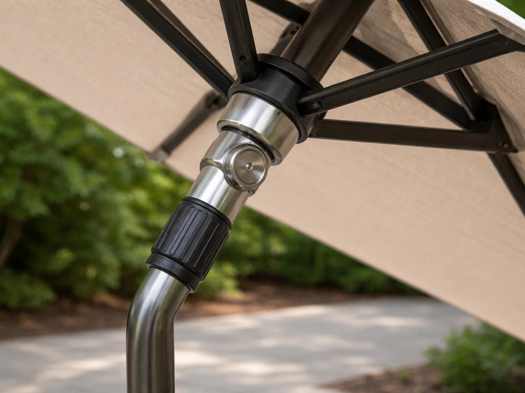 Close-up of patio umbrella tilt mechanism showing slight tilted posture with subtle droop back toward center.