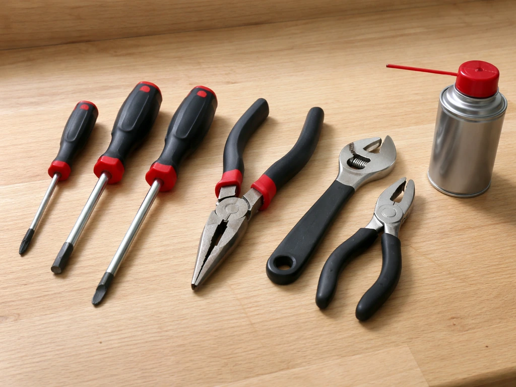 Screwdrivers, needle-nose pliers, small wrench, and silicone spray lubricant laid out on a workbench.