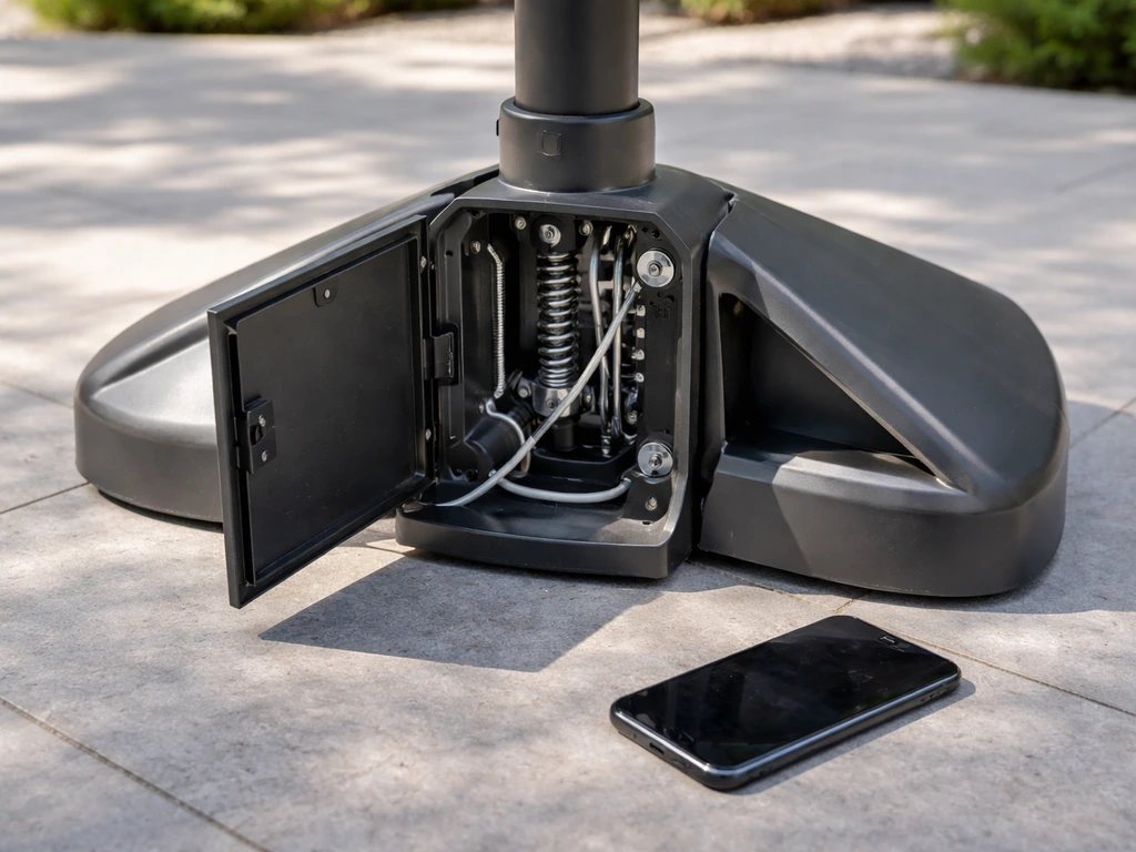 Opened patio umbrella tilt mechanism housing on a base with visible cord routing and a phone nearby.