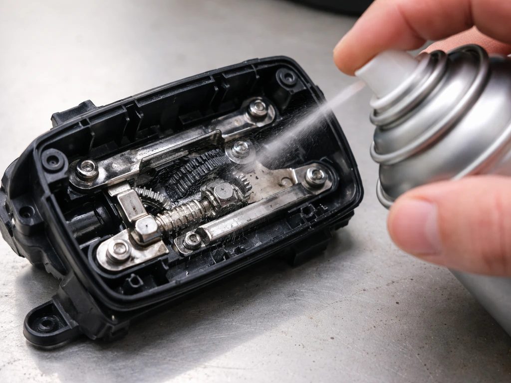 Silicone spray applied to clean slider tracks and gear teeth inside an opened tilt mechanism.