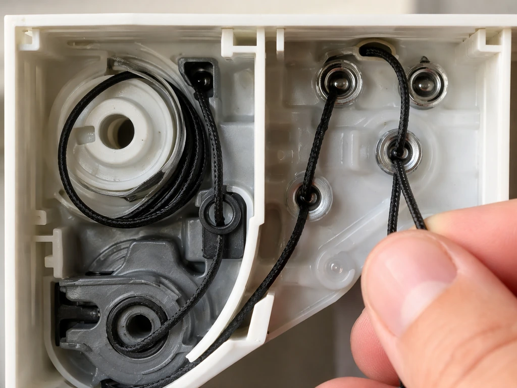 Close-up of an open tilt mechanism where the cord has jumped off the spool and is rerouted through eyelets.