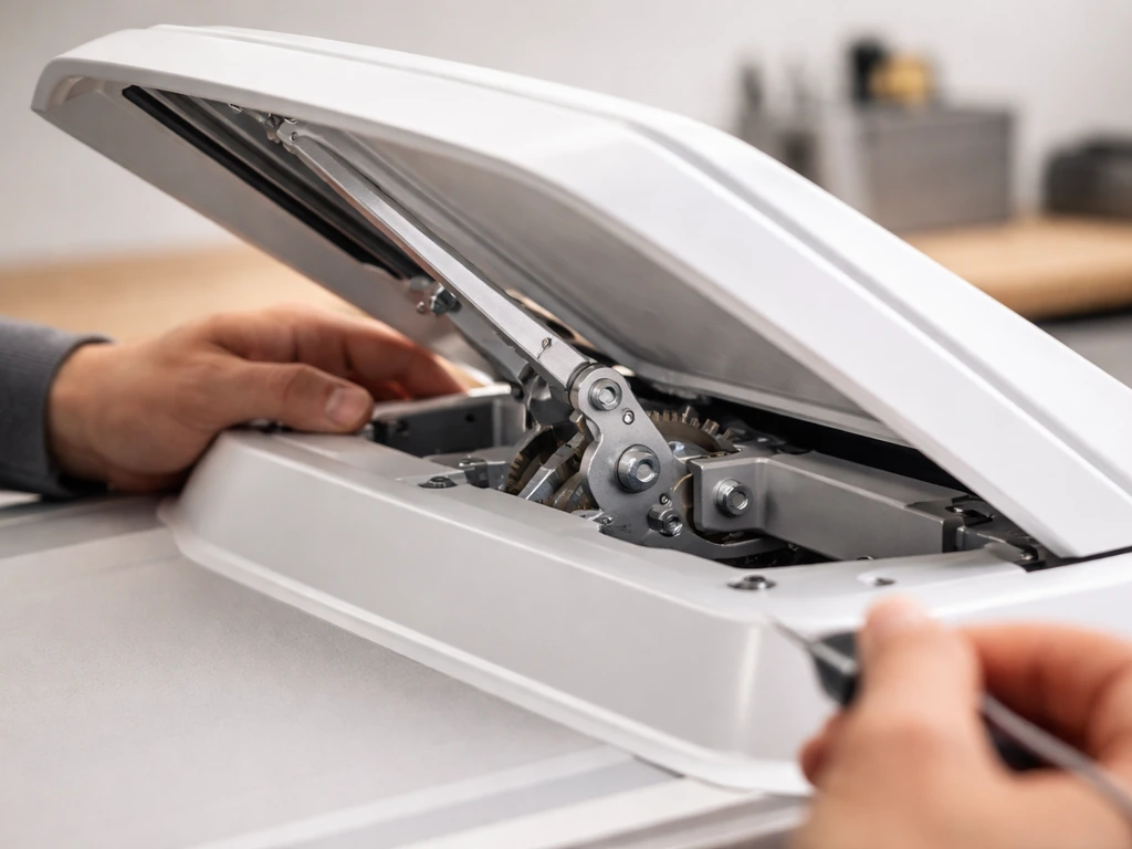 Technician steadies a closed reassembled tilt mechanism as the canopy tilts smoothly open.