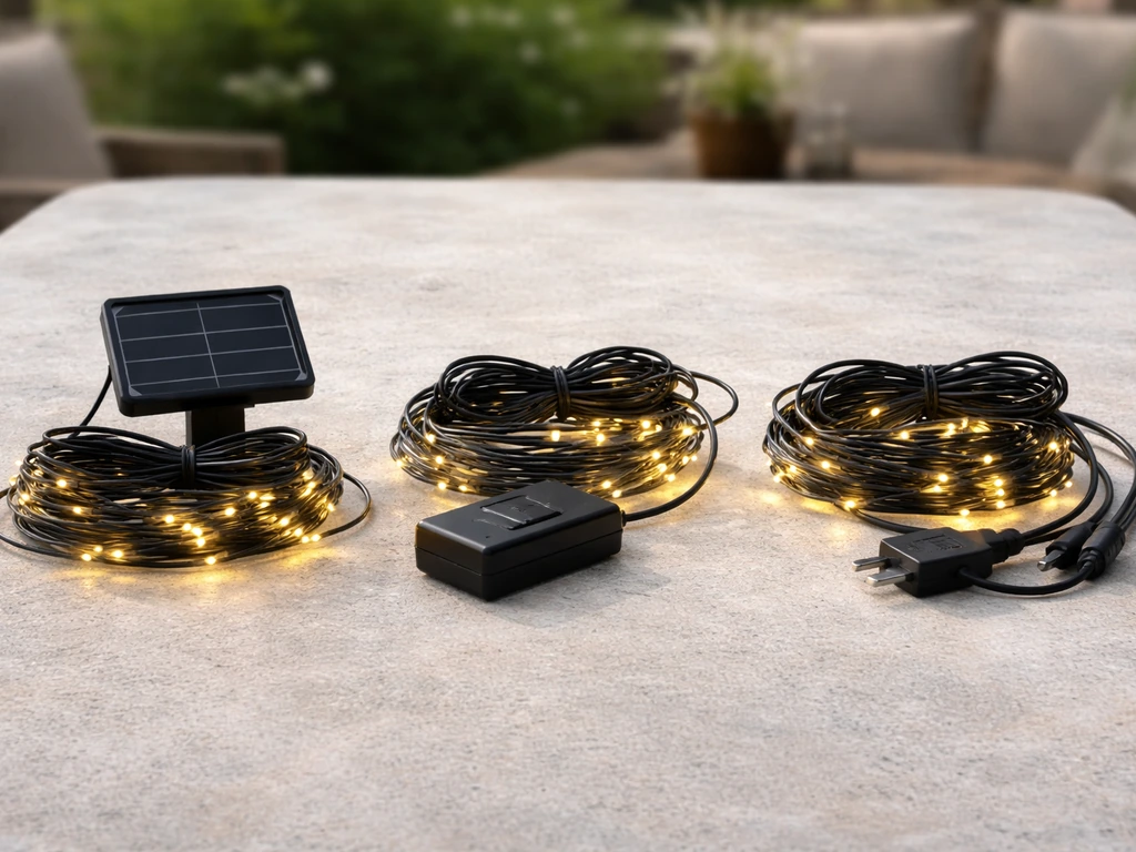 Side-by-side close-up of solar, battery, and plug-in string lights on a patio surface.