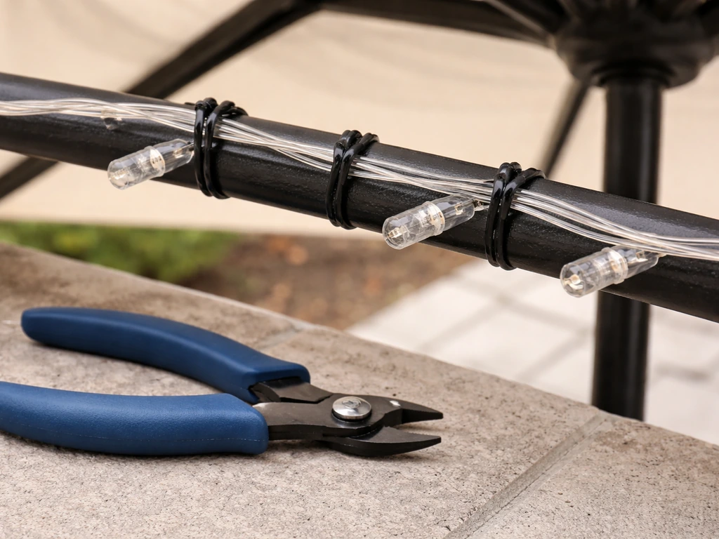 Outdoor umbrella rib with LED string lights secured using UV-resistant zip ties; flush-cut pliers nearby.