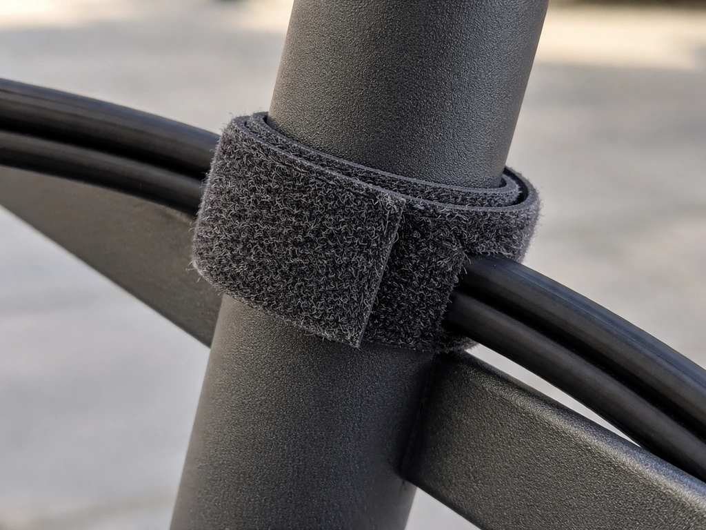 Close-up of a Velcro-style strap securing a cord to a powder-coated aluminum umbrella rib without scratches