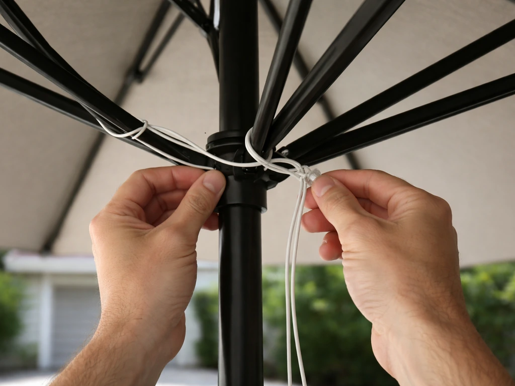 Hands routing an electrical cord with gentle slack along an umbrella frame so it opens and closes freely.