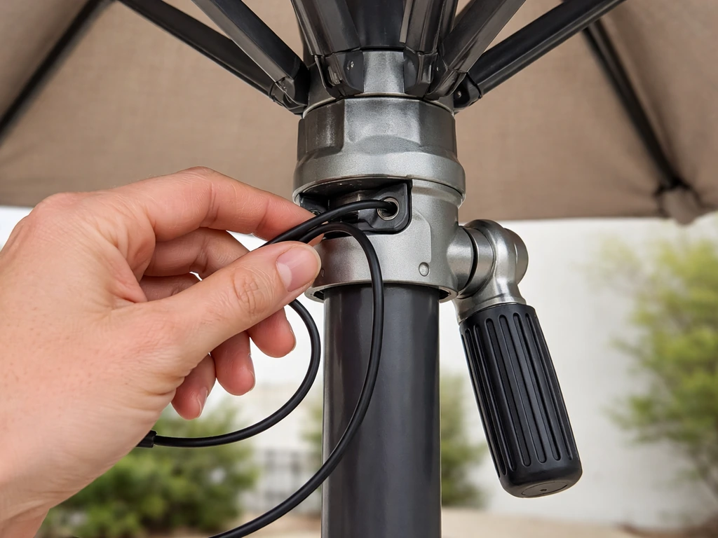 Hand re-routing umbrella cord away from the crank/runner area to prevent tangling.