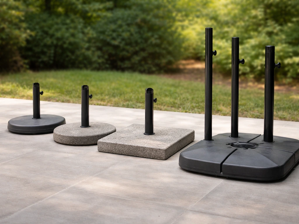 Patio umbrella bases in different sizes and weights on a simple outdoor surface