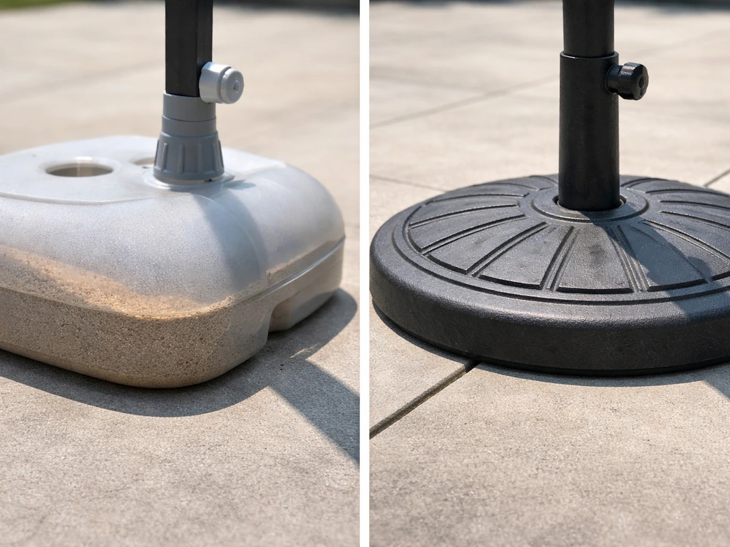 Side-by-side close view of a sand-filled plastic base versus a heavy fixed metal base on concrete.