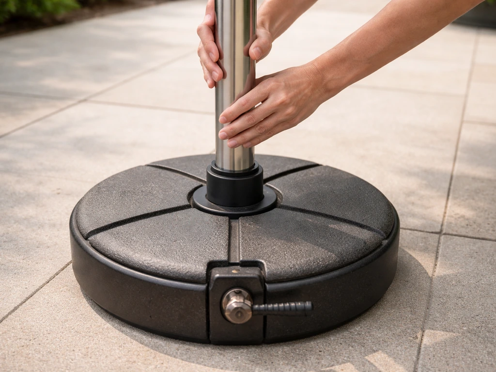 Hands inserting an umbrella pole into the base sleeve, seated securely to prevent wobble.