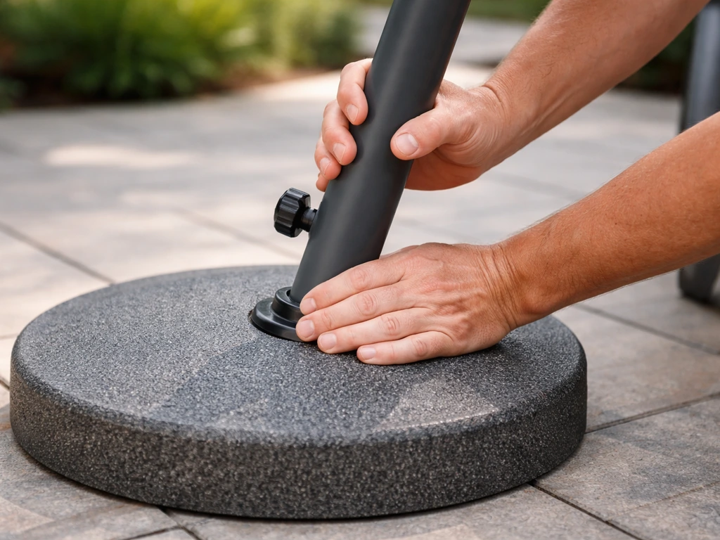 Hands gently rocking a patio umbrella pole at the base to check alignment and looseness.