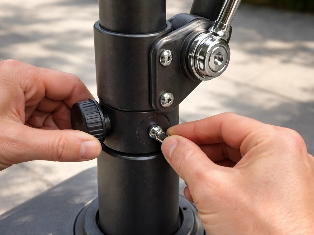 Close-up of hands tightening a patio umbrella base knob while inspecting crank and tilt hardware