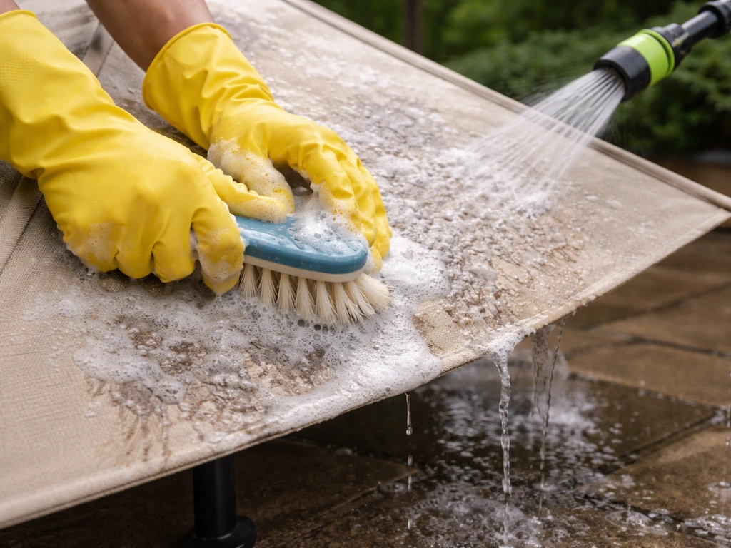 Gloved hands scrub a patio umbrella canopy with degreaser while a hose rinses off mildew and chalky residue.