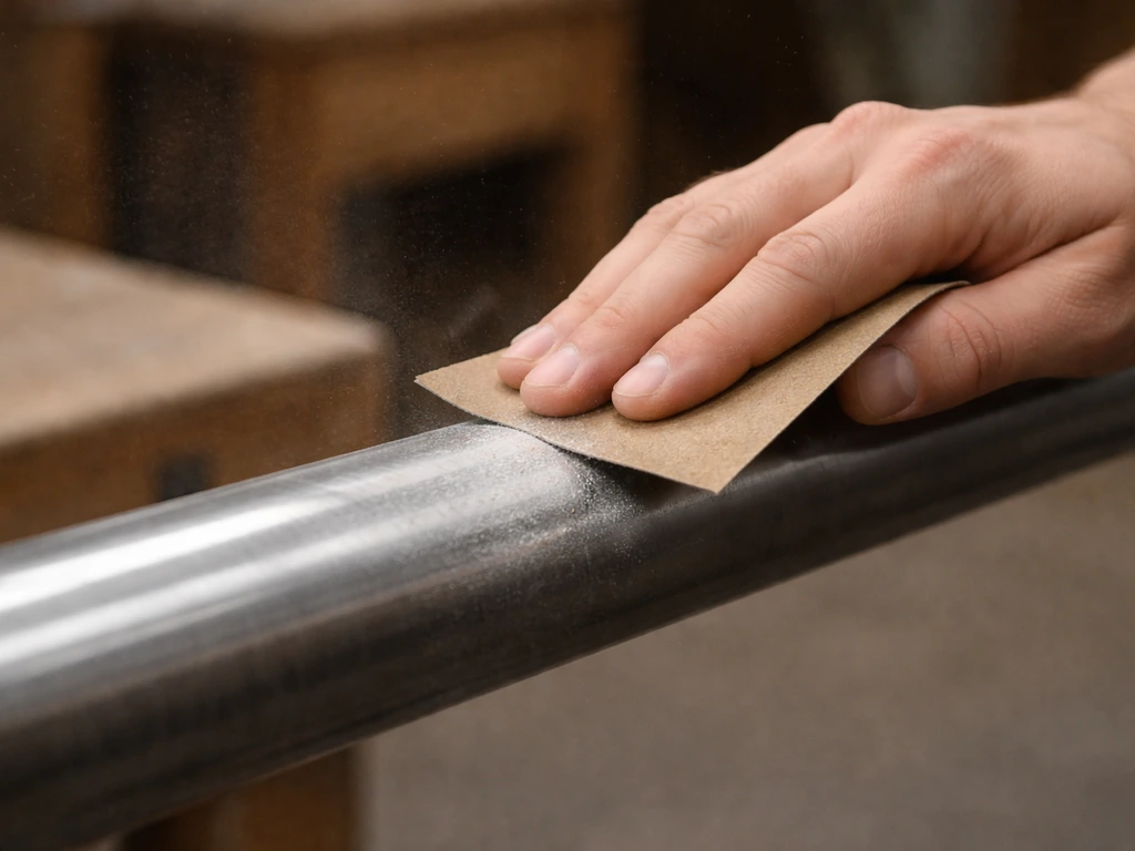 Close-up of a hand sanding a metal pole with fine 220-grit sandpaper, scuffed surface ready for priming.