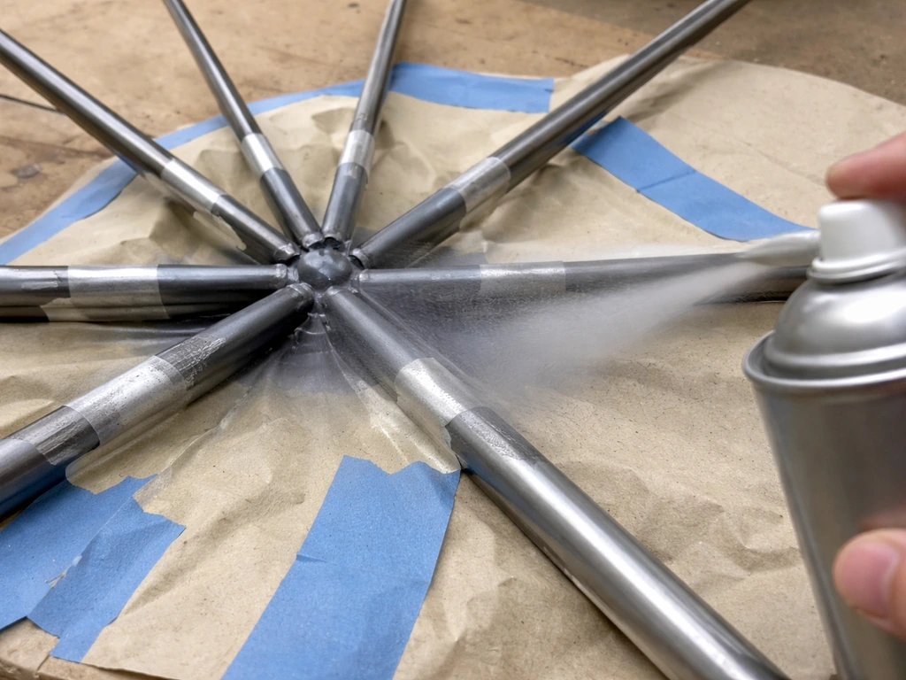 Spray can applying self-etching primer to bare metal spots on an umbrella frame with masked areas visible.