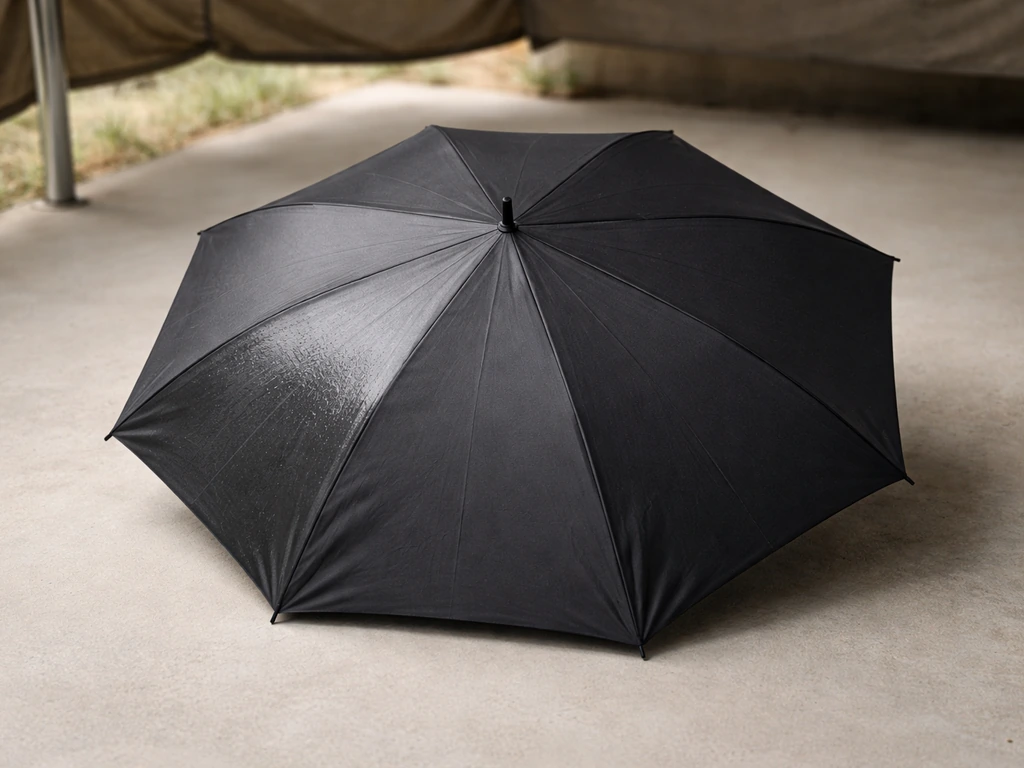 An open umbrella under a covered area, staged to dry with paint sheen fading to matte around the canopy.