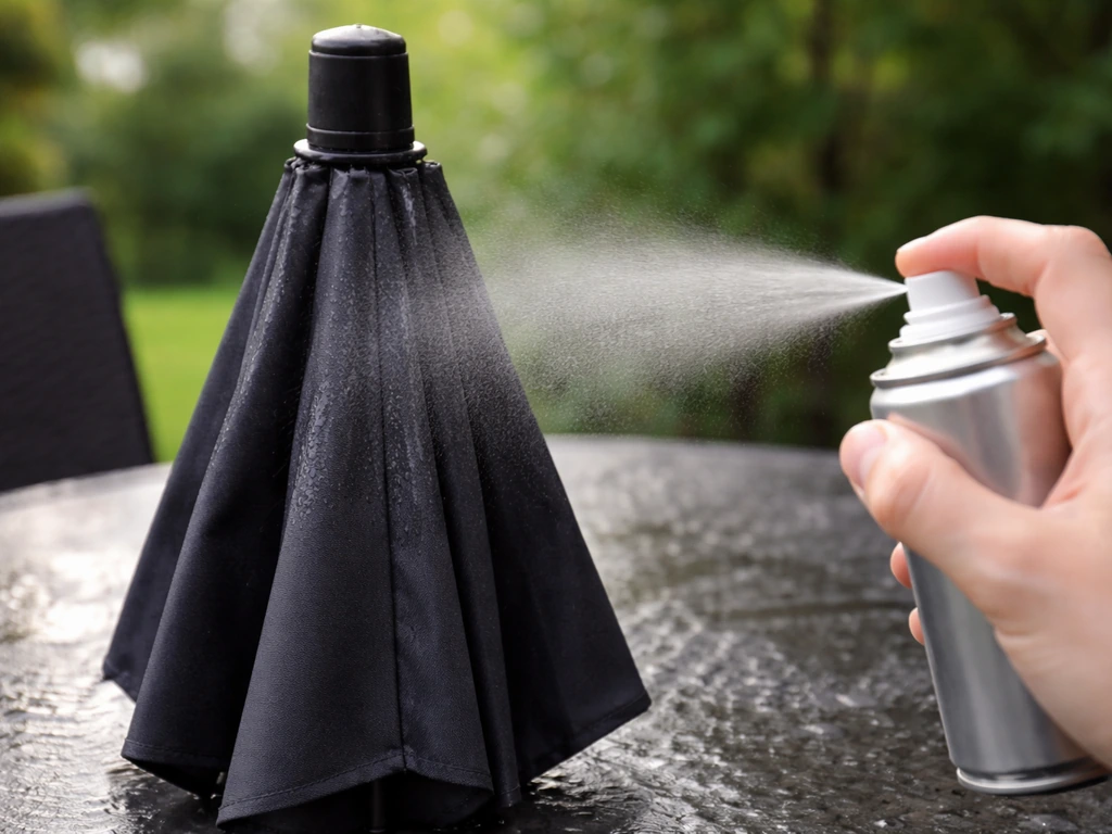 Close-up of a hand spraying UV-protective fabric spray onto a closed umbrella canopy