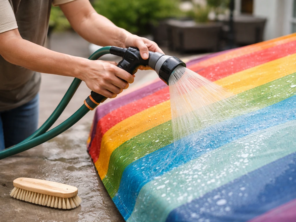 Person gently rinsing a colorful patio canopy with a garden hose on soft spray.