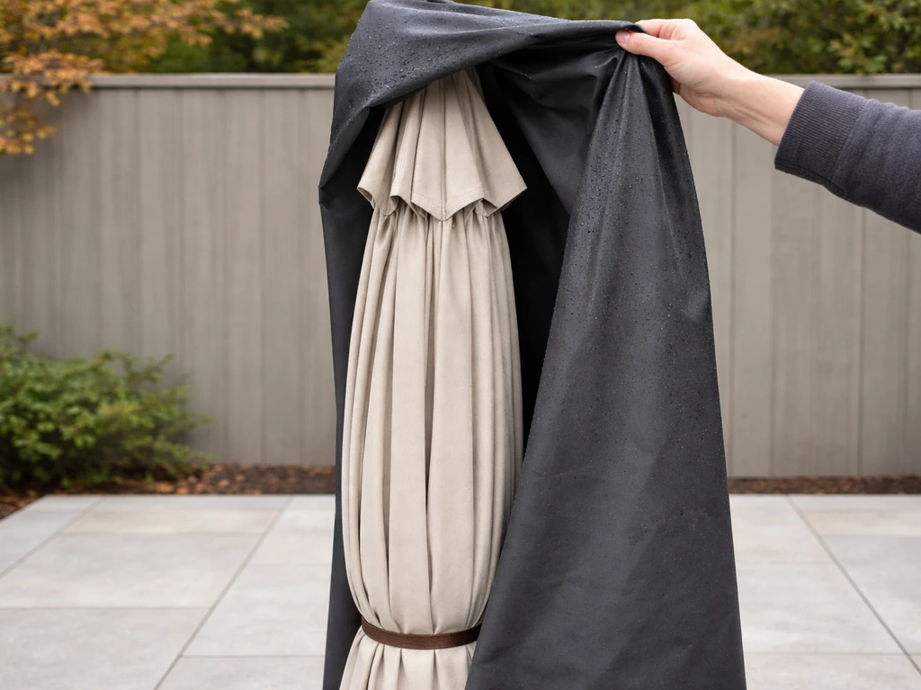 Clean patio umbrella canopy drying, then covered for winter storage to prevent moisture and residue stains.