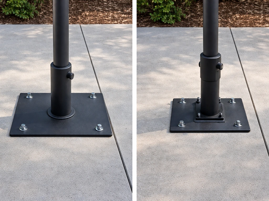 Two patio umbrella mounting setups side by side on a patio pad and mounting adapter plate.