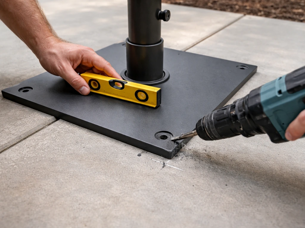 Hands leveling and drilling bolt holes for a metal base plate on a concrete pad with a hammer drill.