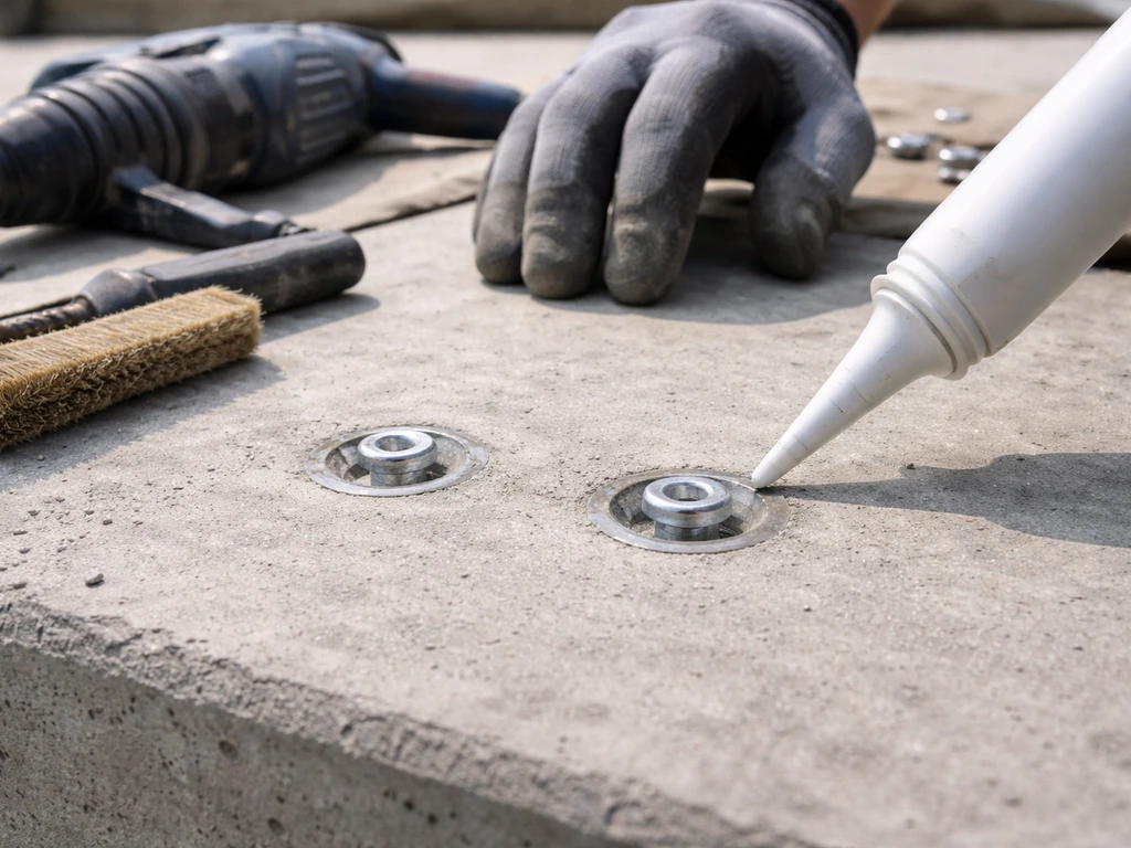 Gloved hands brushing drilled concrete holes, seating anchors, and applying waterproof sealant around bolt holes.
