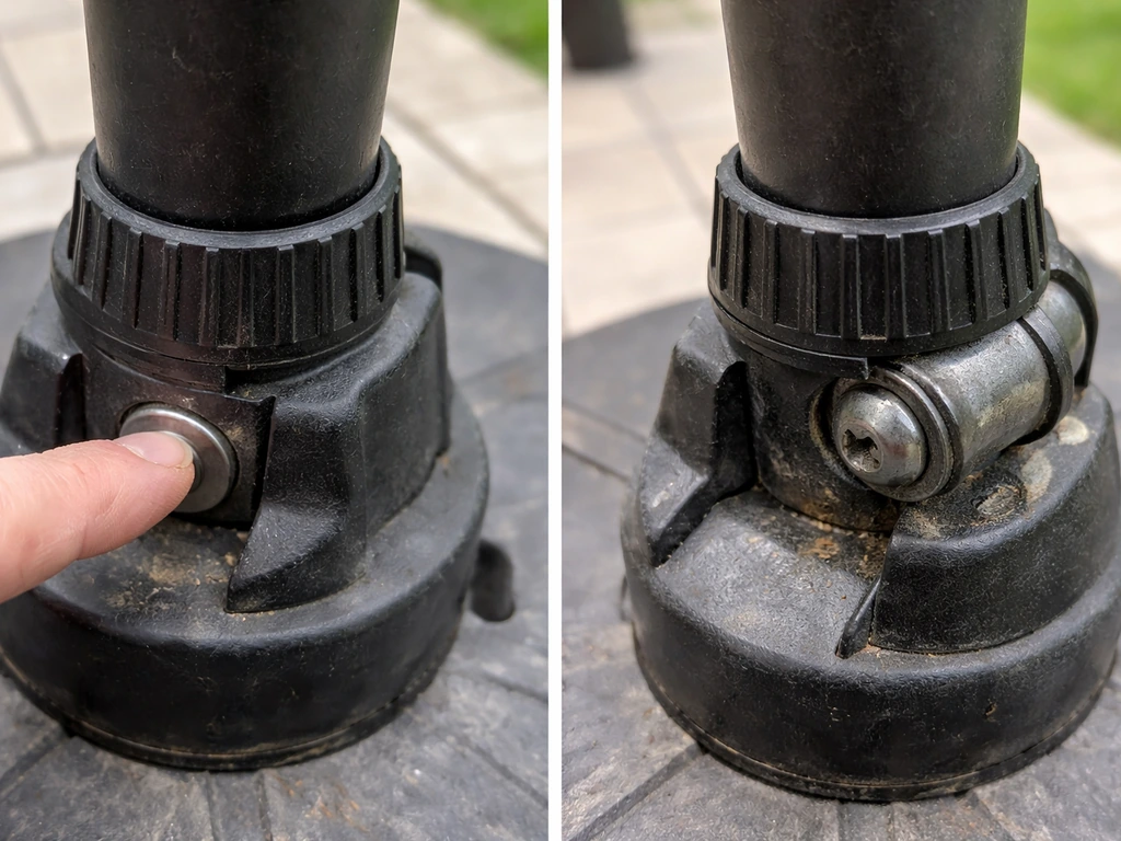 Patio umbrella base with a tilt push-button pressed while the collar/pivot fails to tilt, showing stuck mechanism.