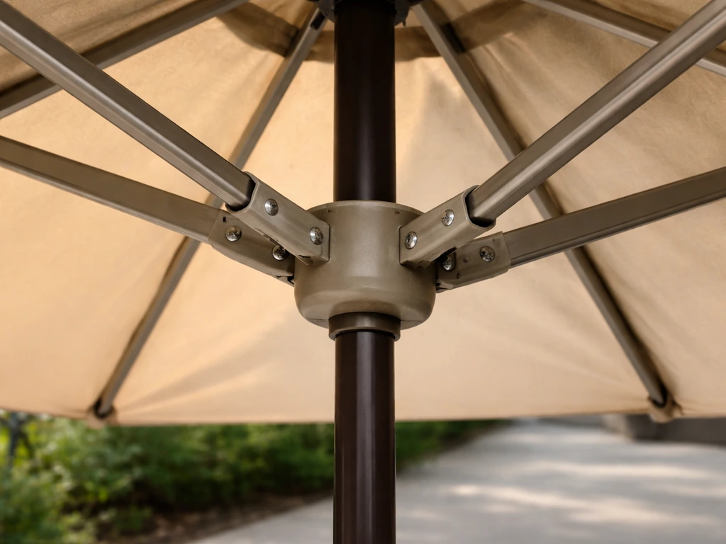Close-up inspection of a patio umbrella canopy with one side hanging lower than the other.