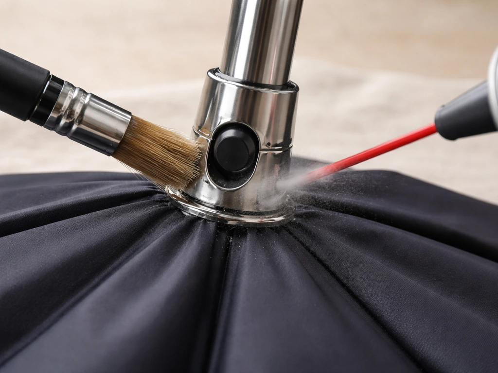 Umbrella laid flat on a workbench while a brush and compressed air clear grit around the tilt button housing.
