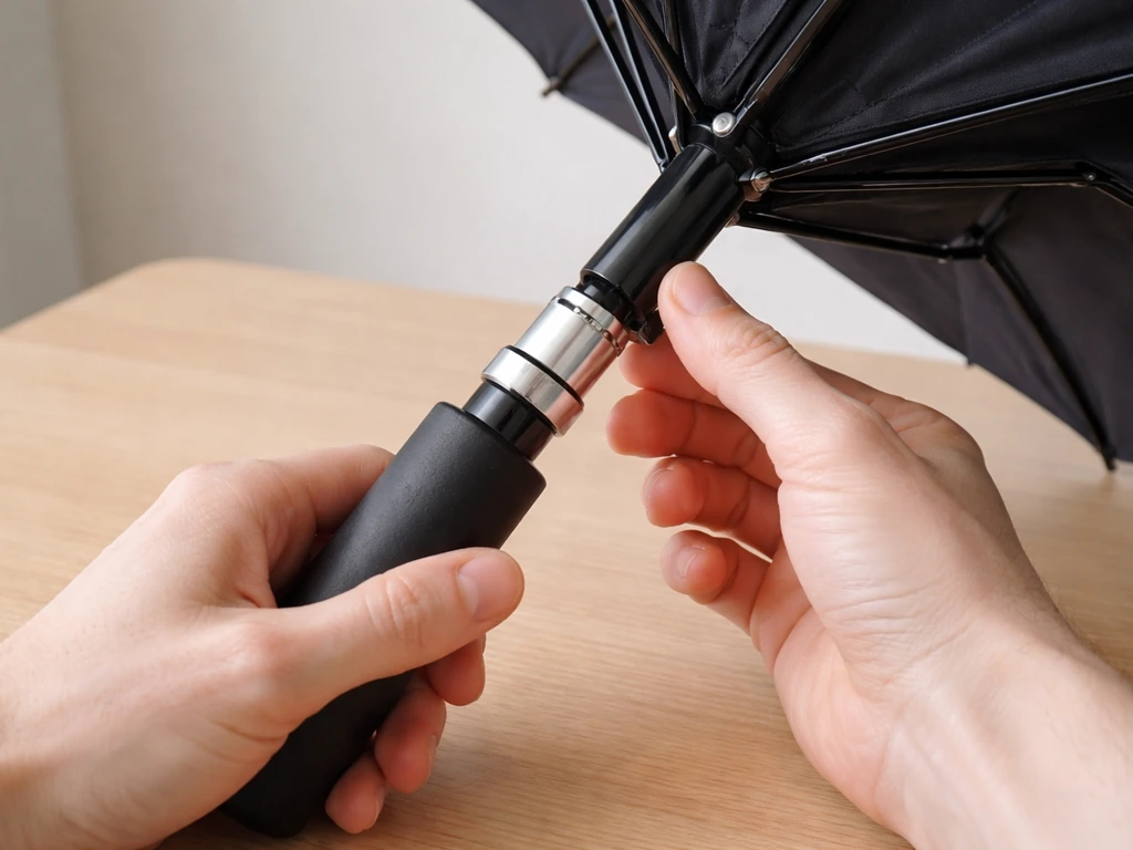 Hands smoothly moving an umbrella’s tilt/pivot through its full range after reassembly.