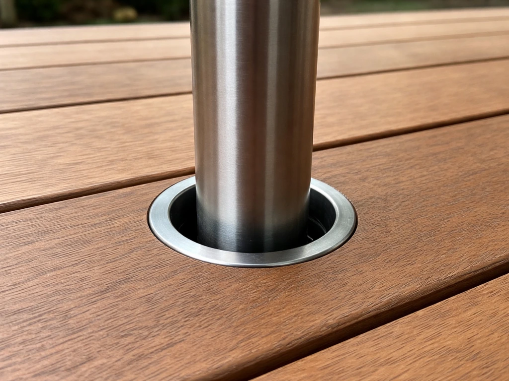 Patio umbrella pole lowered into a deck mount hole with a snug, wobble-free fit.