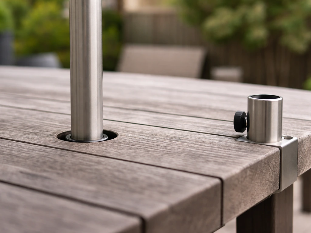 Close-up of a patio umbrella pole passing through a drilled table hole and a nearby mounting sleeve