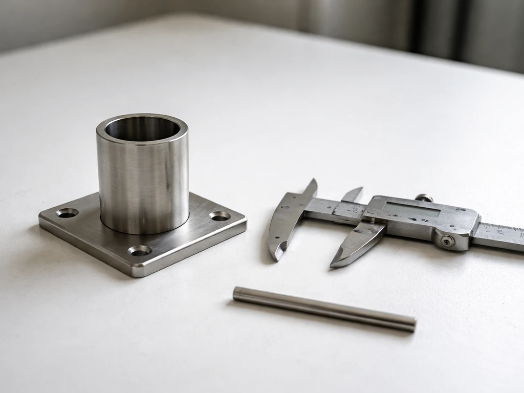 Minimal close-up of a metal deck mounting sleeve with measured hole sizes using calipers