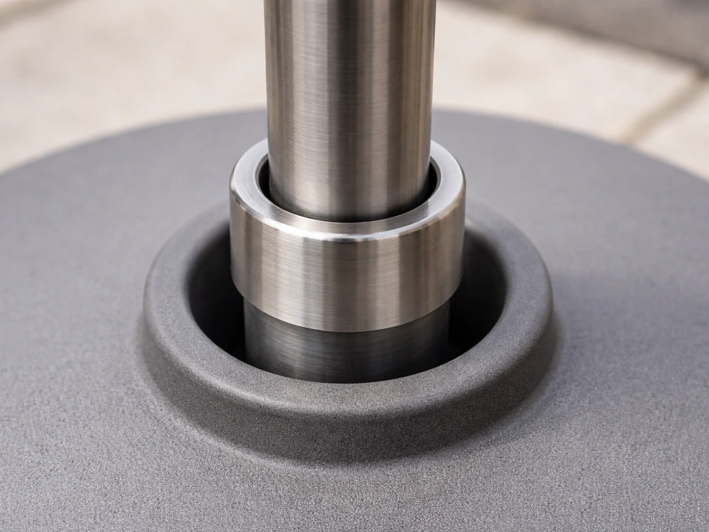 Close-up of a metal reducer ring used to fit a pole into a slightly oversized sleeve hole