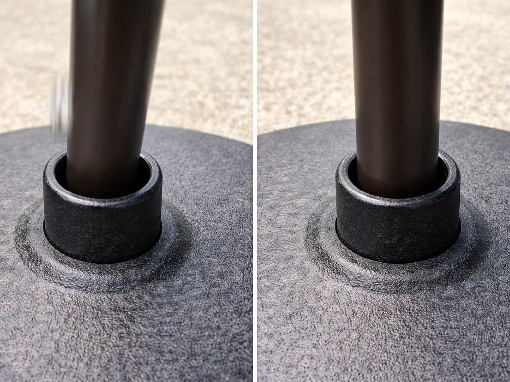 Close-up of an umbrella pole sleeve gap showing wobble, with a correctly seated, snug fit beside it