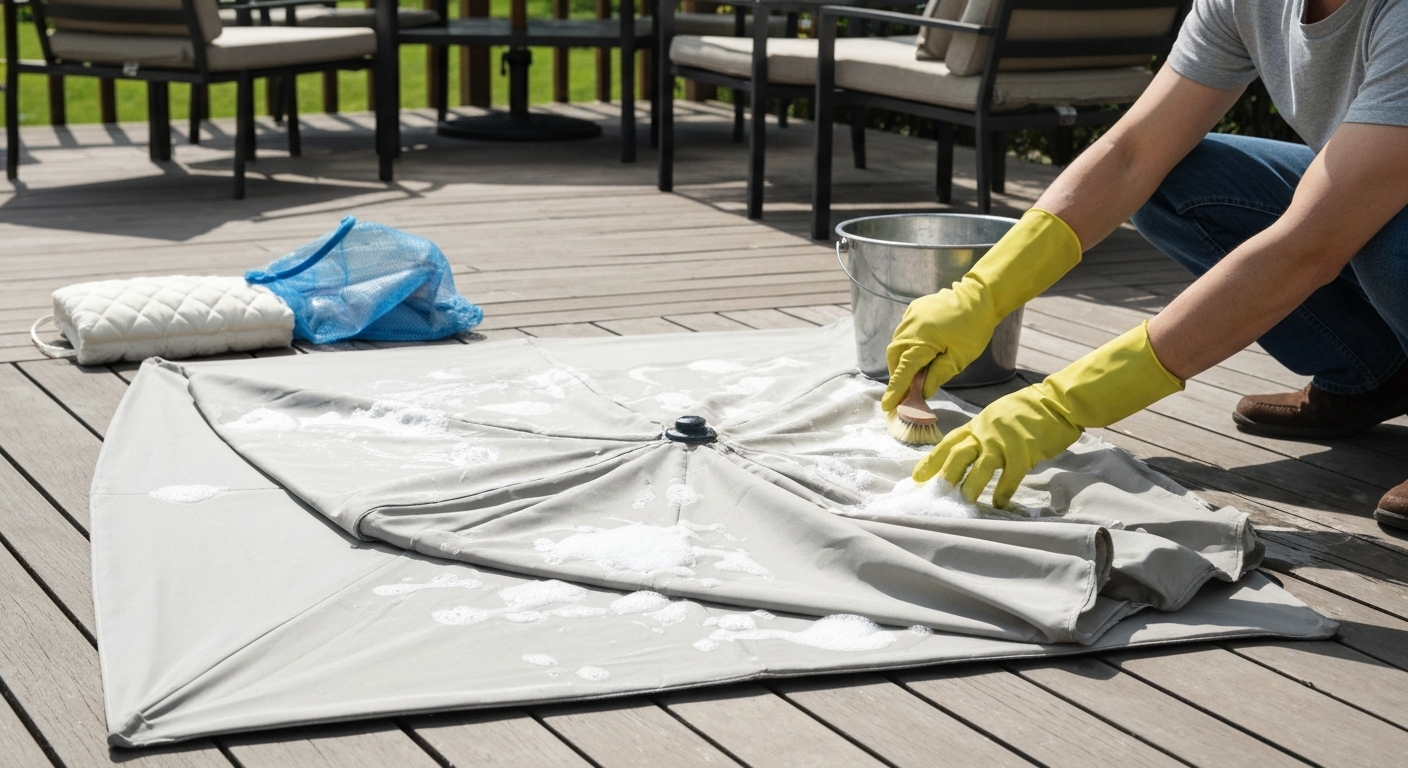Hands scrubbing a removable patio umbrella canopy on a deck with a bucket and brush.