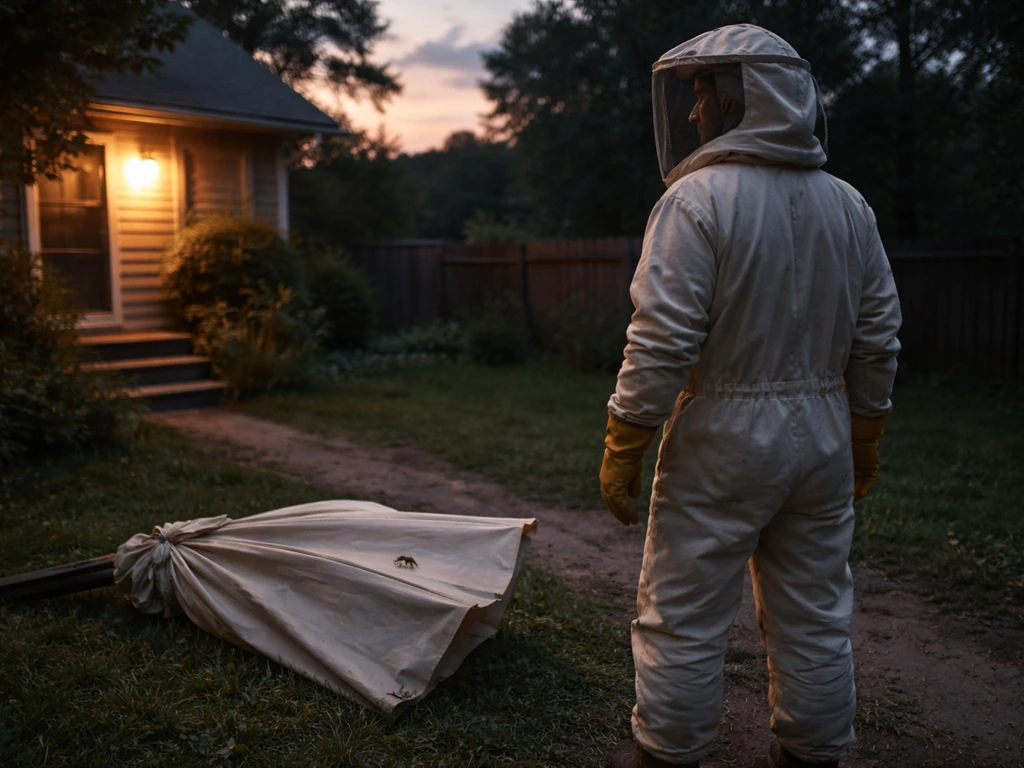 Person in protective gear beside a closed umbrella at dusk, wasp activity near the umbrella at twilight.
