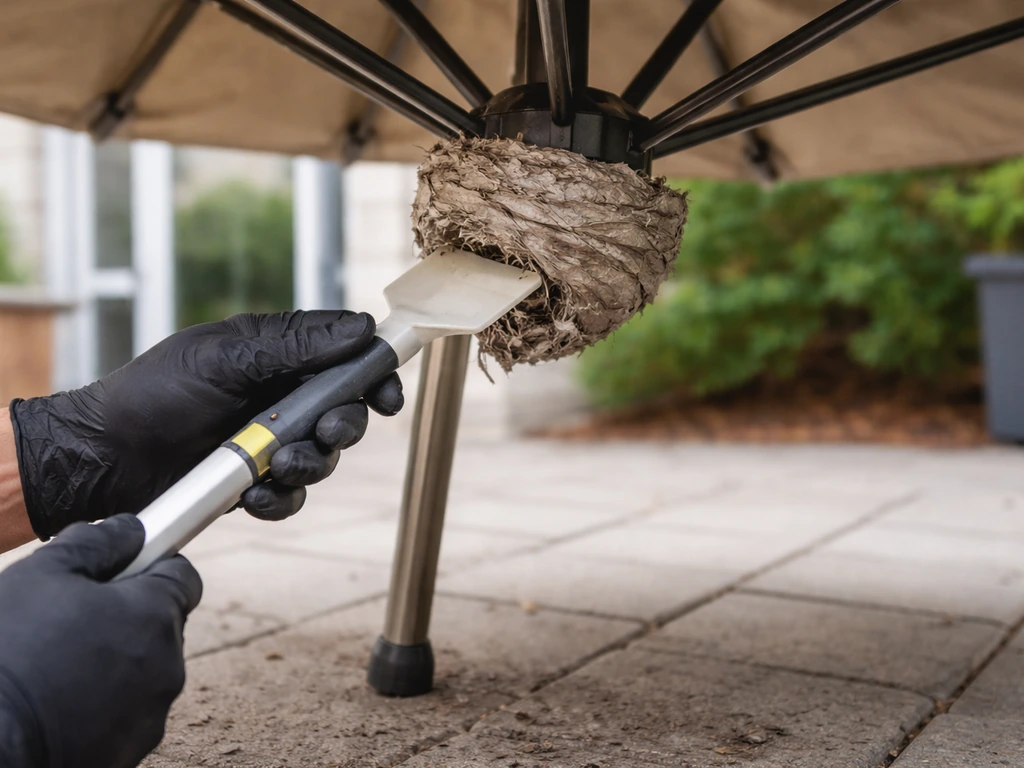 Gloved hands using a long-handled plastic scraper to detach a wasp nest from an umbrella frame outdoors.
