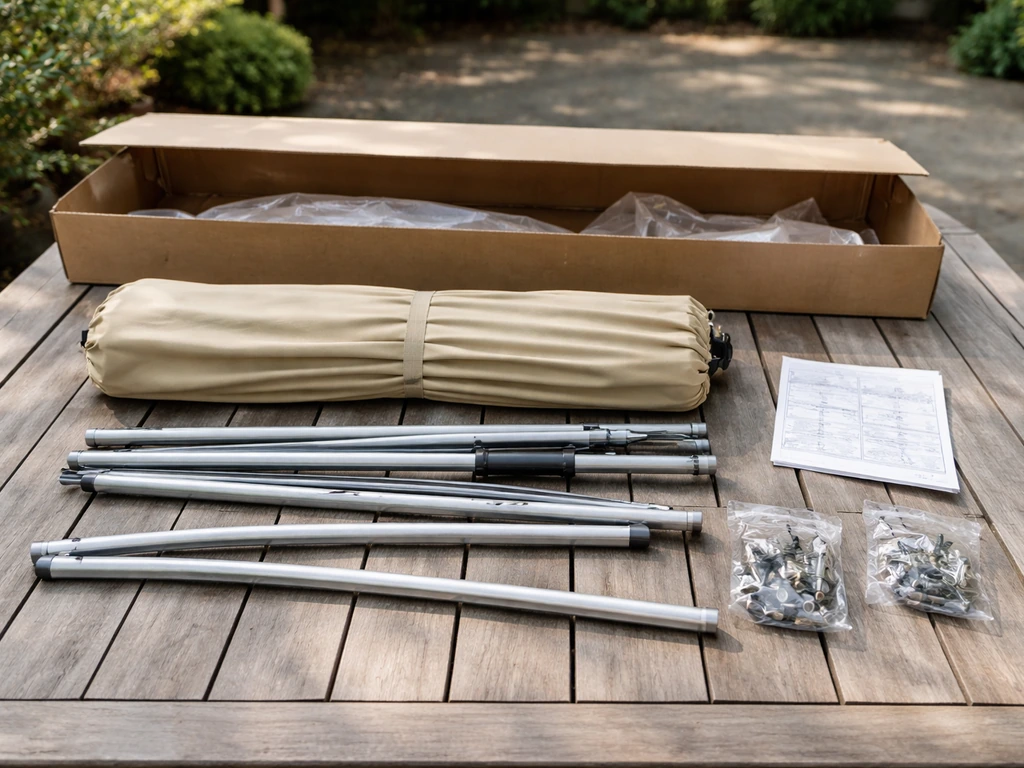 Outdoor patio table with umbrella parts, loose hardware bags, and an assembly manual laid out for installation.