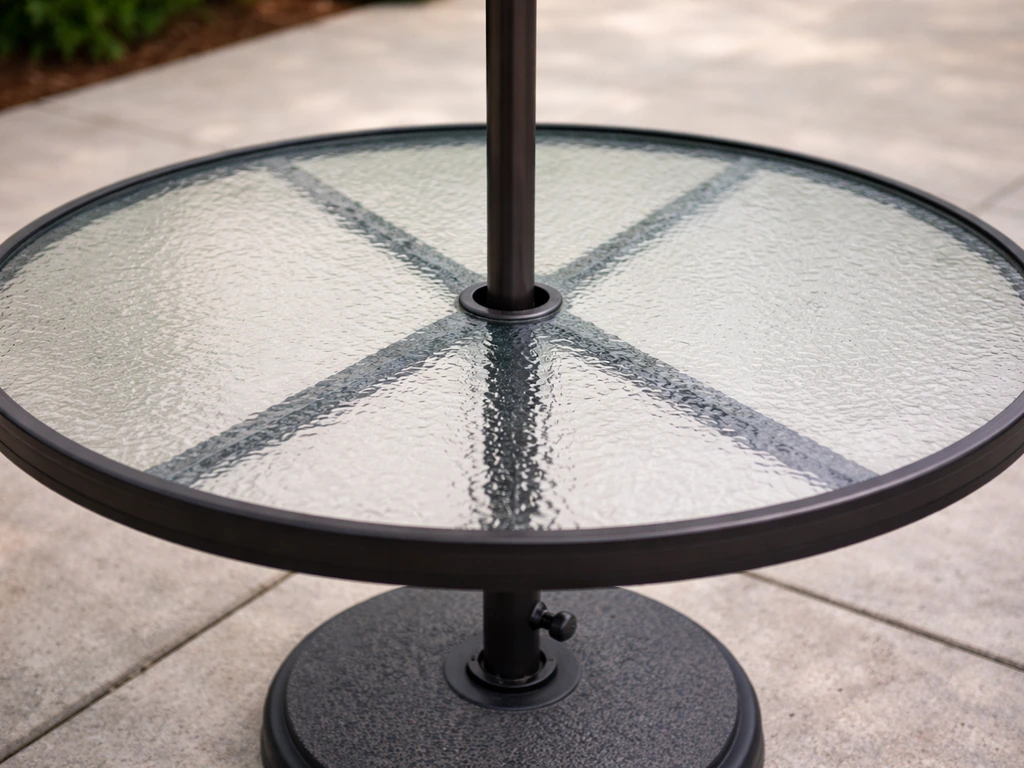 Umbrella pole drops through the patio table hole into a weighted base below, aligned in place.